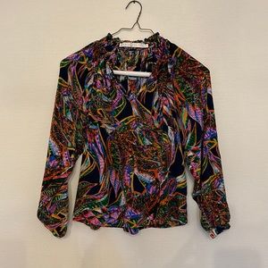 MARIE OLIVER XXS bright vibrant 100% silk navy pink orange multi blouse